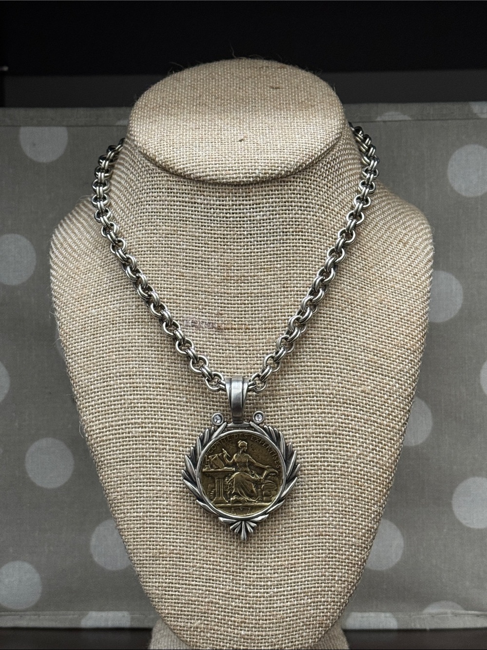 French Kande Silver and Brass Two-Tone Medallion Pendant Necklace -